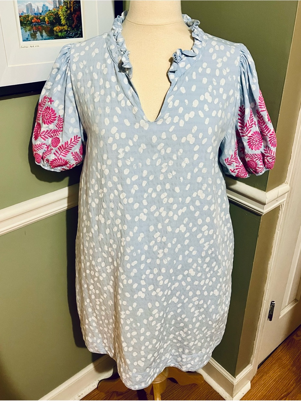 JODIFL Light Blue Polka Dot Tunic Dress with Pink Embroidered Puff Sleeves